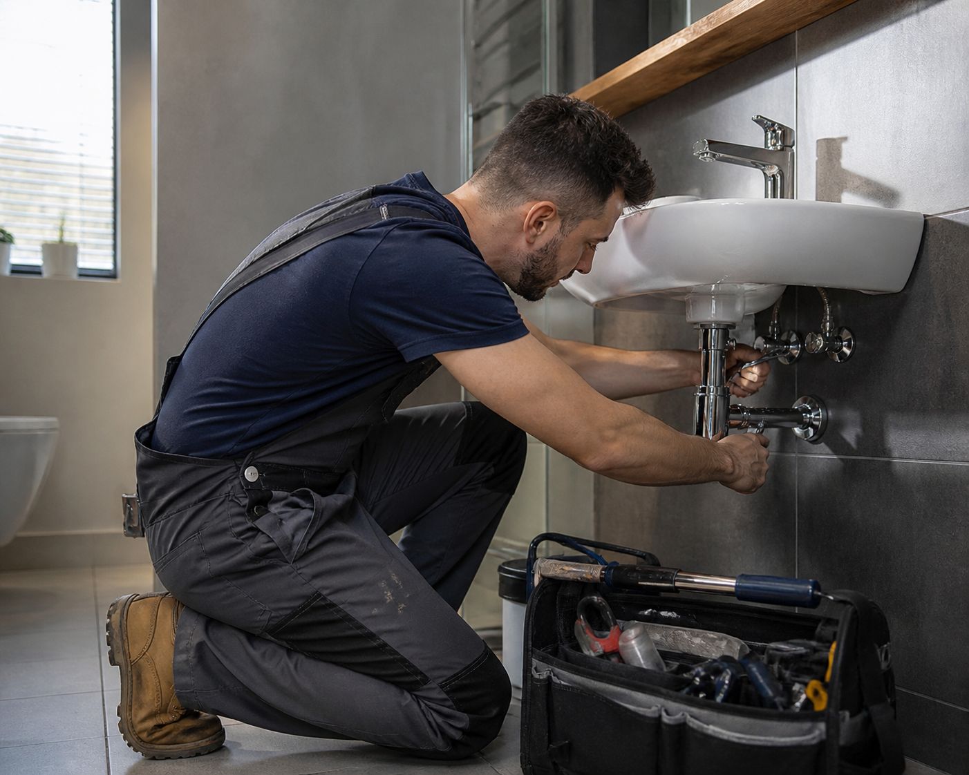 Plombier en intervention sur un lavabo à Var